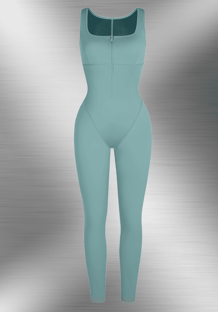 sauna workout jumpsuit in mint green with front zipper and sleeveless athletic fit for sweat-inducing training