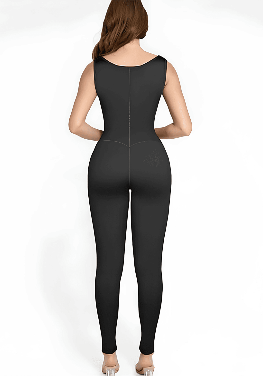Back view of black sauna workout jumpsuit with sleeveless design and slim fit for women
