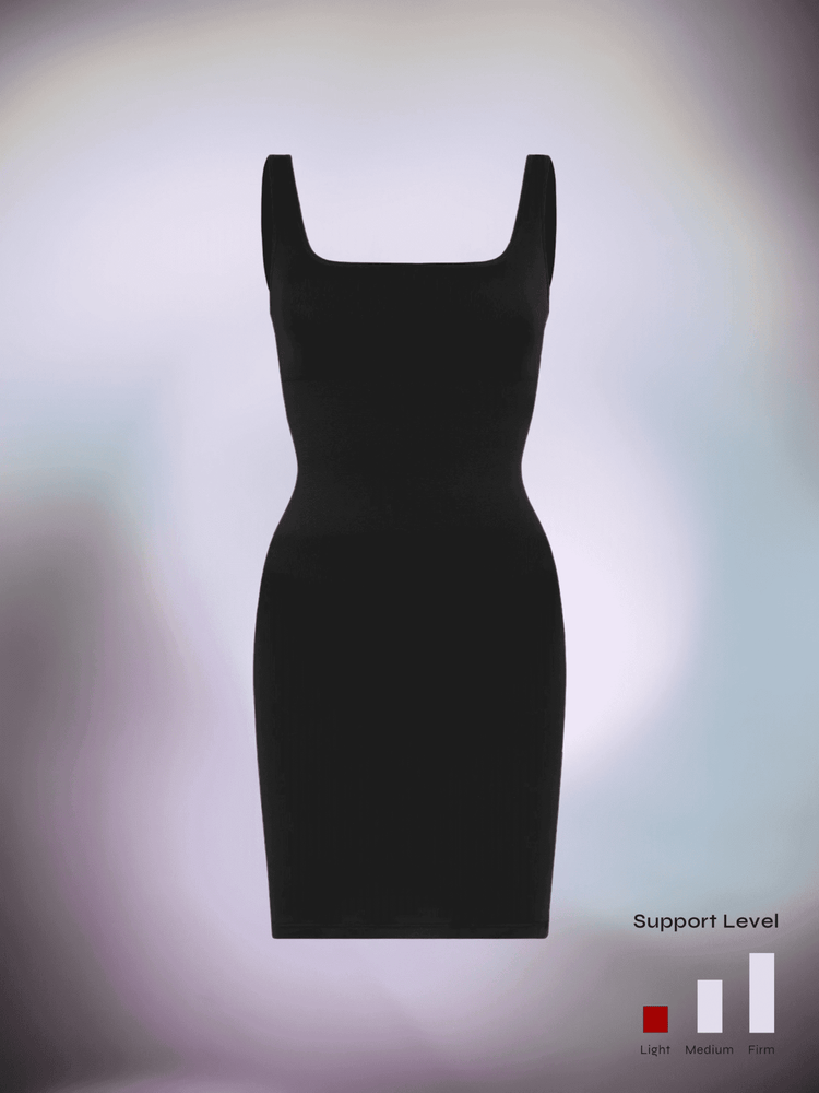 square neck bodycon mini dress in black with fitted silhouette and square neckline