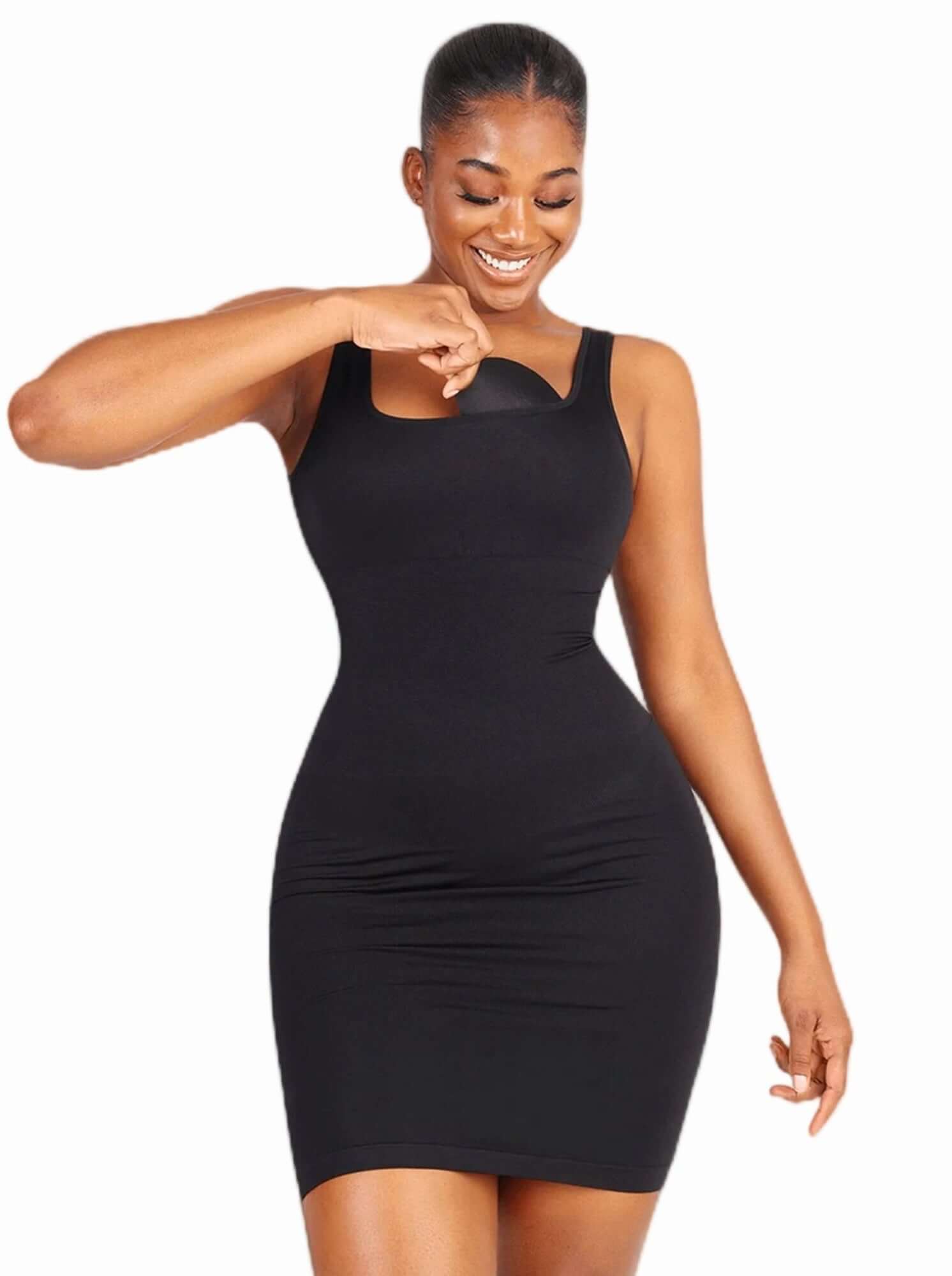 square neck bodycon mini dress in black, flattering ribbed stretch fit for polished everyday wear