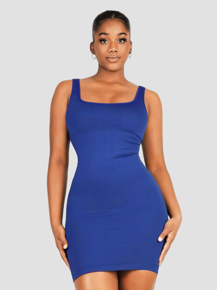 square neck bodycon mini dress in blue ribbed fabric for a flattering, comfortable fitted look