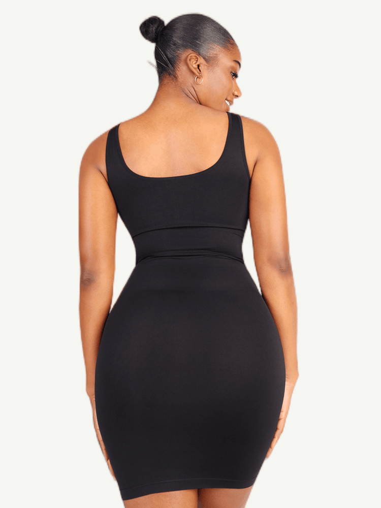 square neck bodycon mini dress in black ribbed stretch fabric, flattering fitted silhouette for everyday wear
