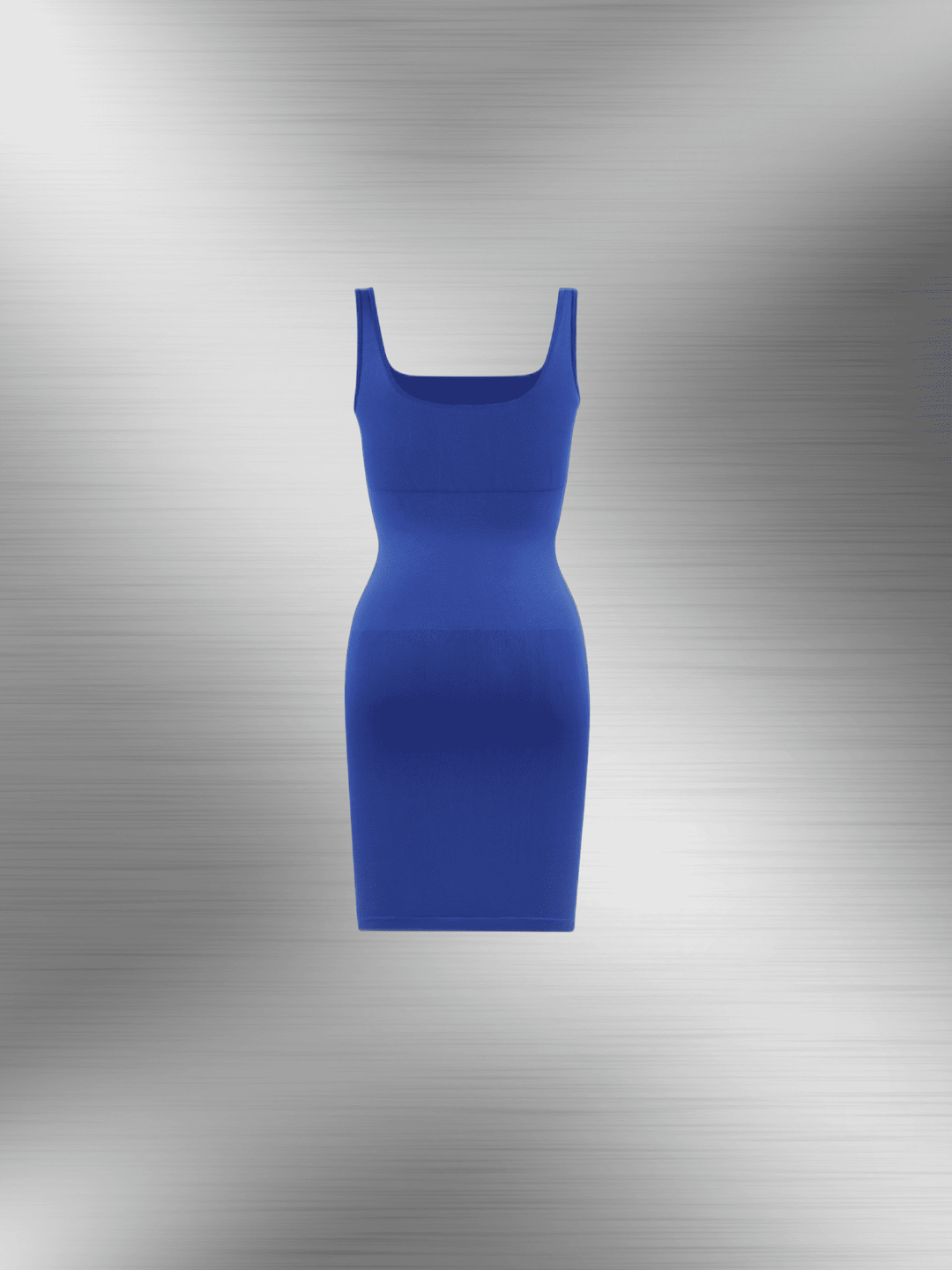 square neck bodycon mini dress in blue ribbed stretchy fabric, sleeveless fitted silhouette for polished everyday style
