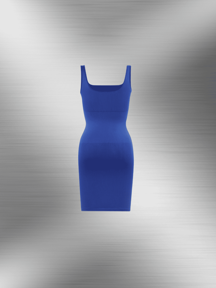 square neck bodycon mini dress in blue ribbed stretchy fabric, sleeveless fitted silhouette for polished everyday style