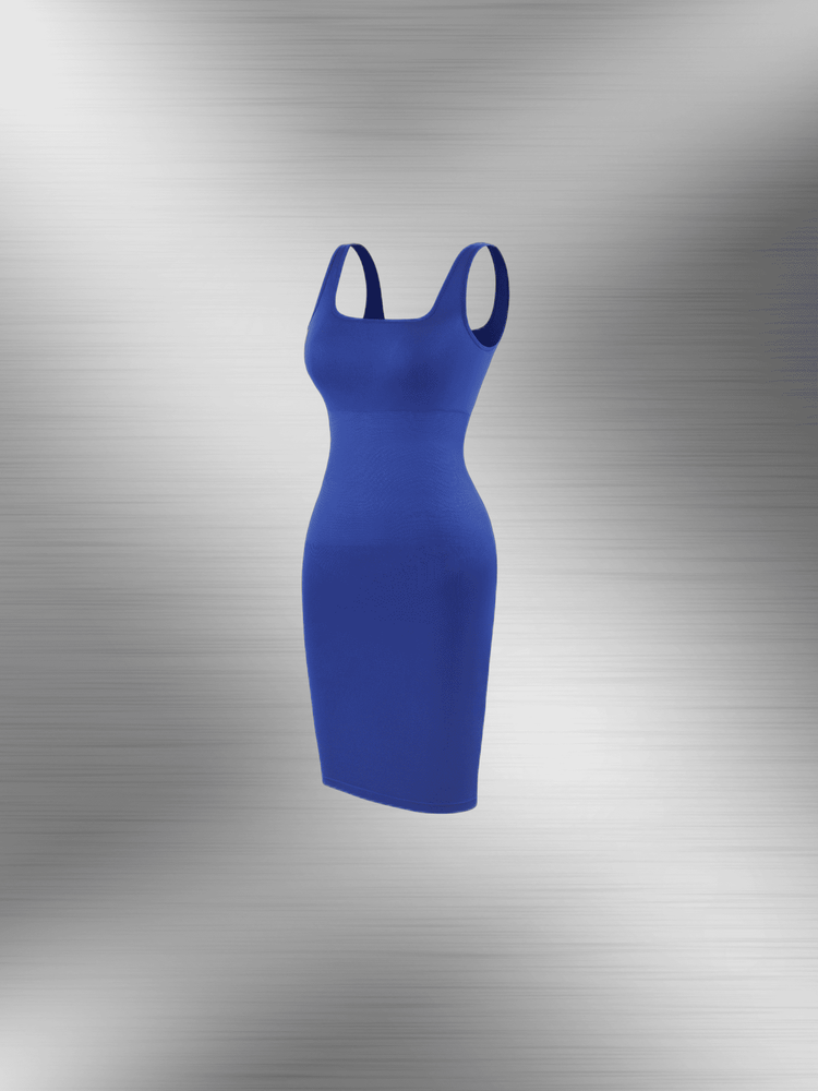 square neck bodycon mini dress in blue, sleeveless fitted ribbed style with a flattering body-skimming silhouette