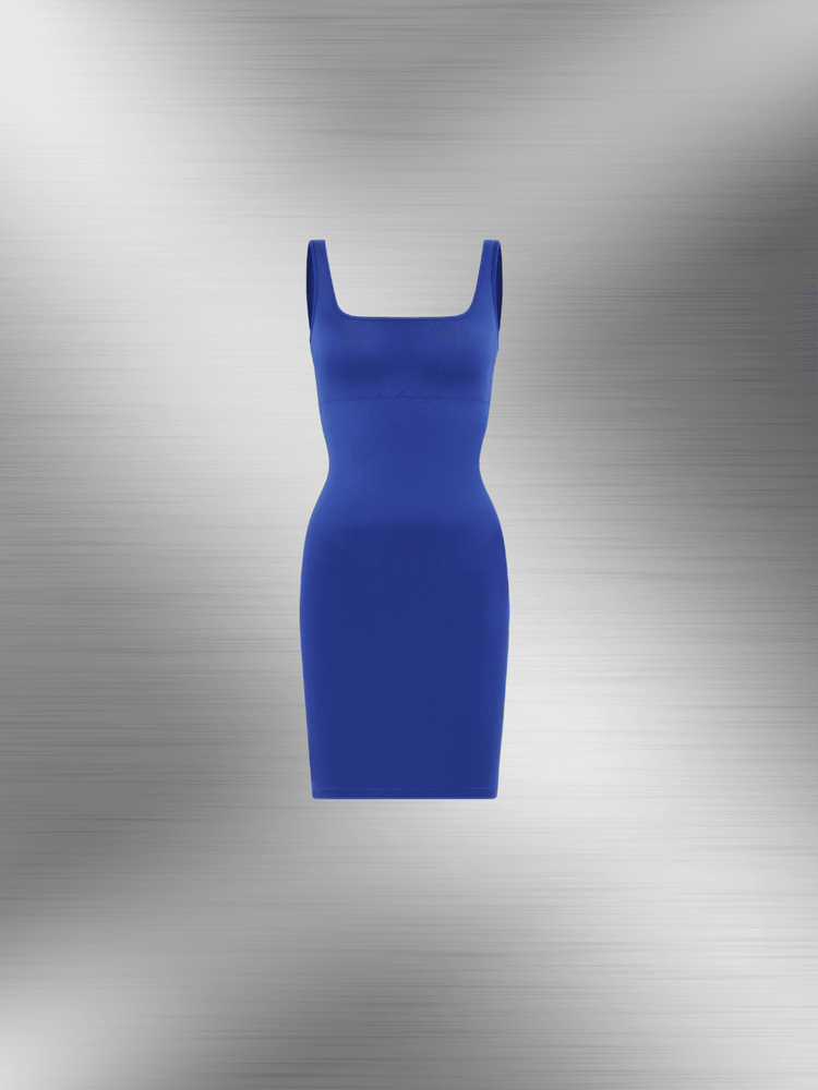 square neck bodycon mini dress in cobalt blue, fitted stretchy ribbed fabric with sleeveless square neckline
