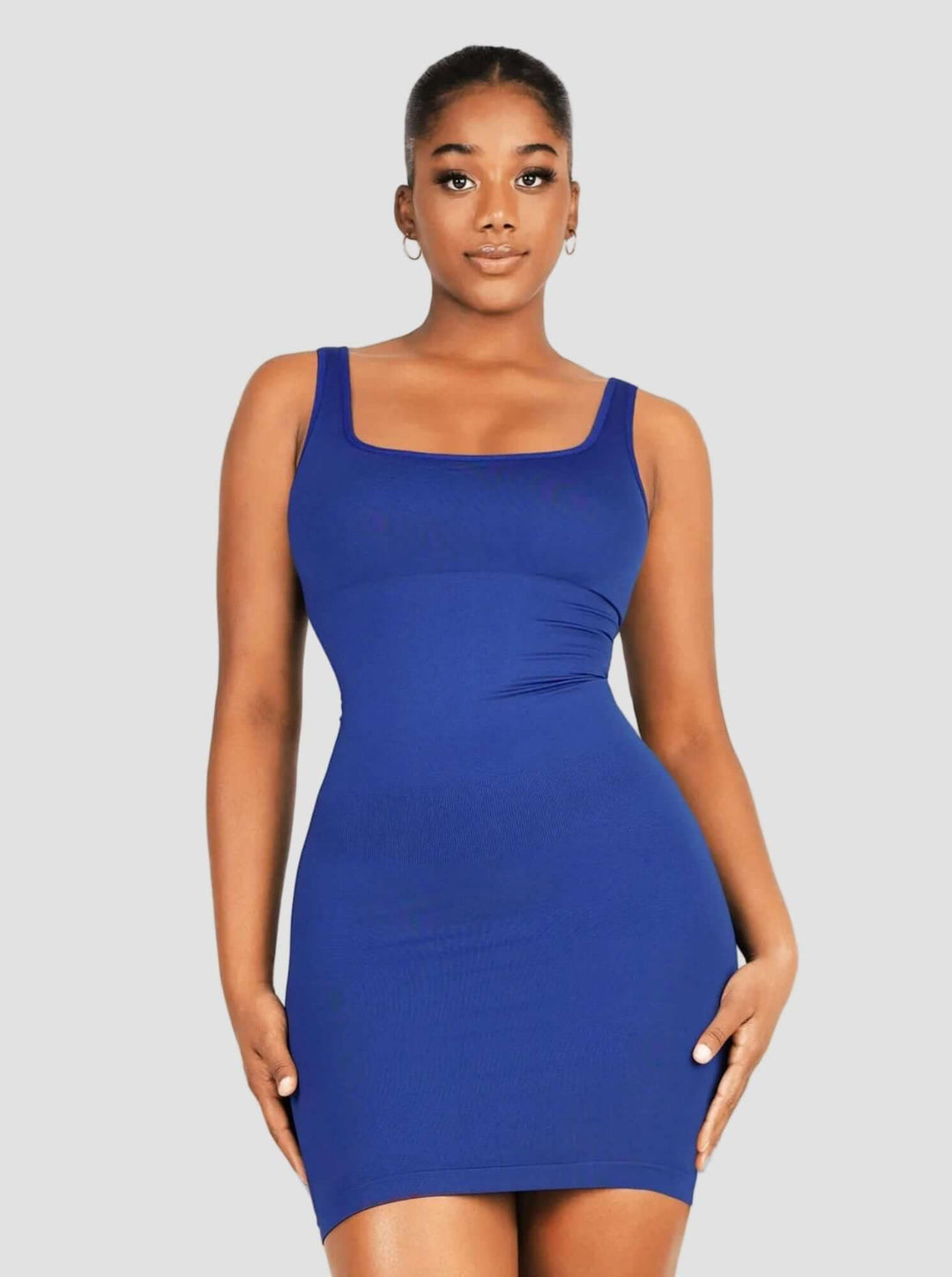 square neck bodycon mini dress in blue ribbed fabric for a flattering, comfortable fitted look
