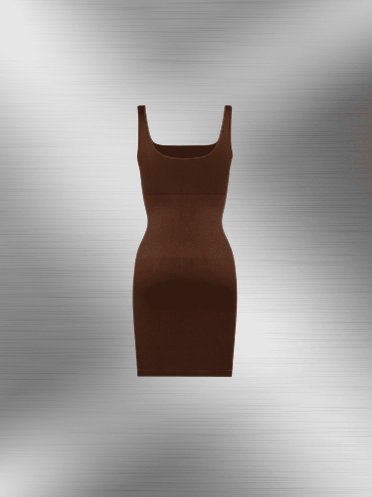 square neck bodycon mini dress in brown ribbed stretch fabric with sleeveless fitted silhouette
