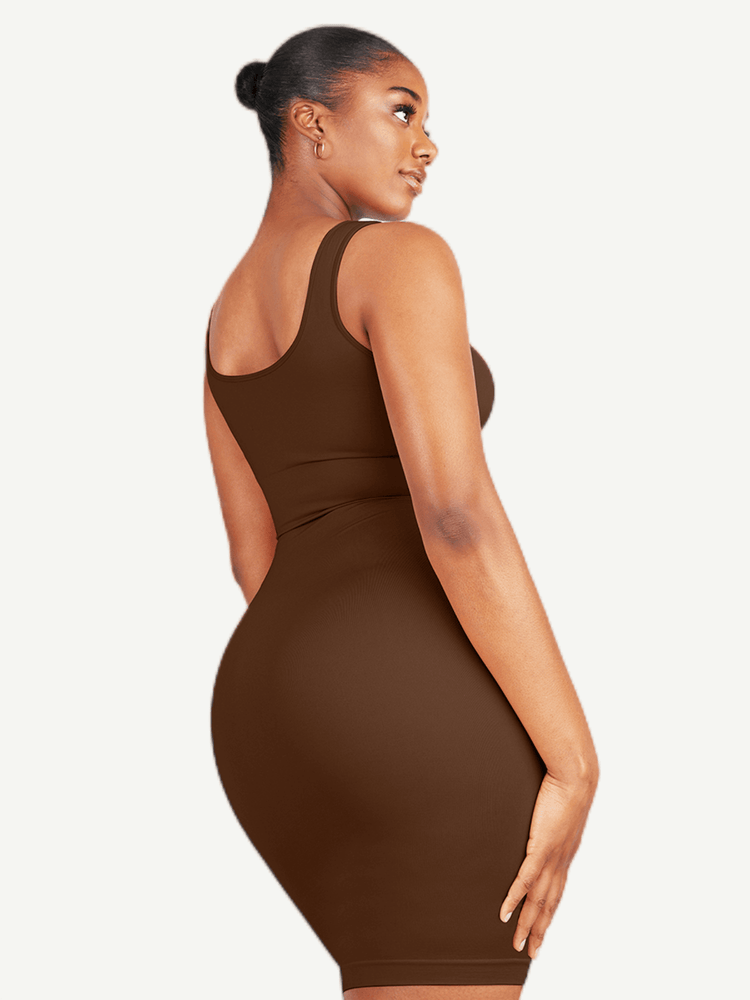 square neck bodycon mini dress in brown, fitted ribbed silhouette for a polished everyday look