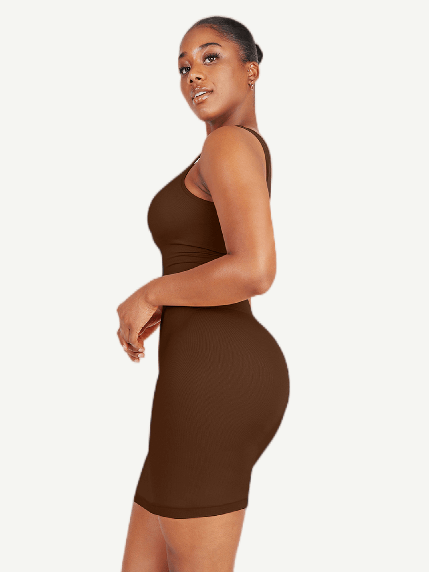 square neck bodycon mini dress in brown ribbed stretch fabric, sleeveless fitted silhouette for polished everyday wear