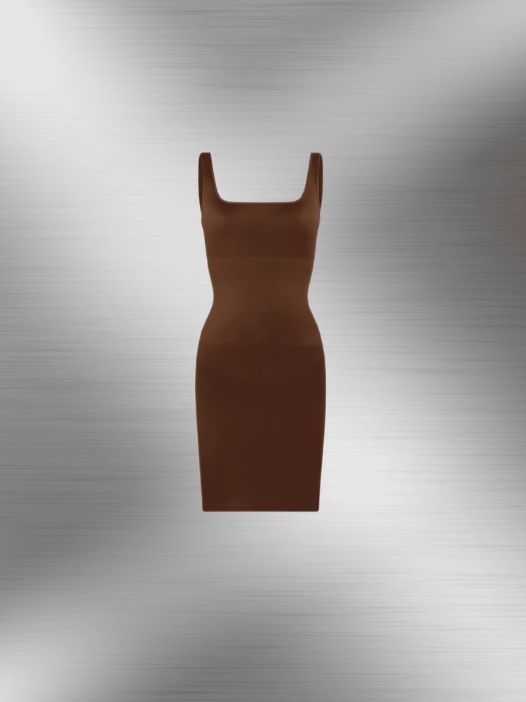 square neck bodycon mini dress in brown ribbed fabric, sleek sleeveless fitted silhouette for a polished everyday look