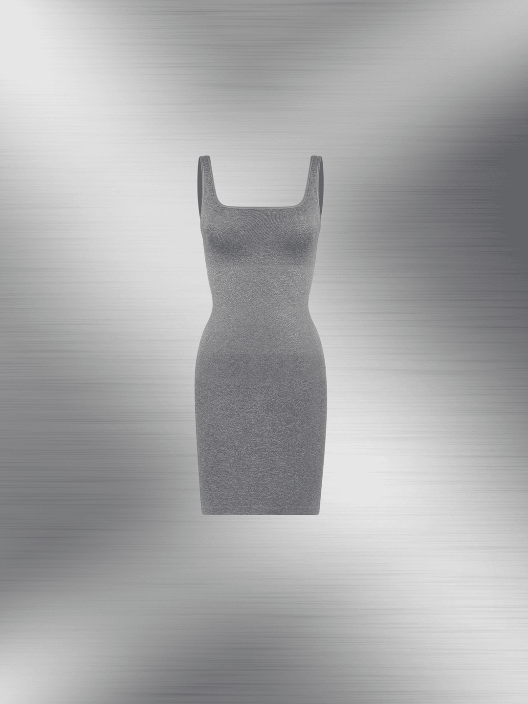 square neck bodycon mini dress in stretchy ribbed fabric, gray sleeveless fitted silhouette for polished everyday wear