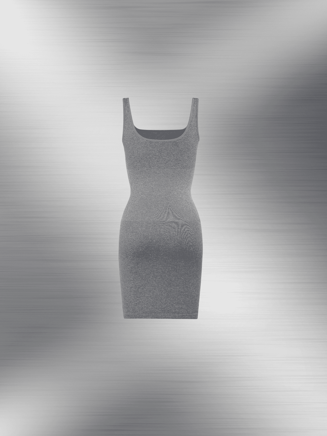 square neck bodycon mini dress in gray ribbed stretchy fabric, sleek sleeveless fitted silhouette