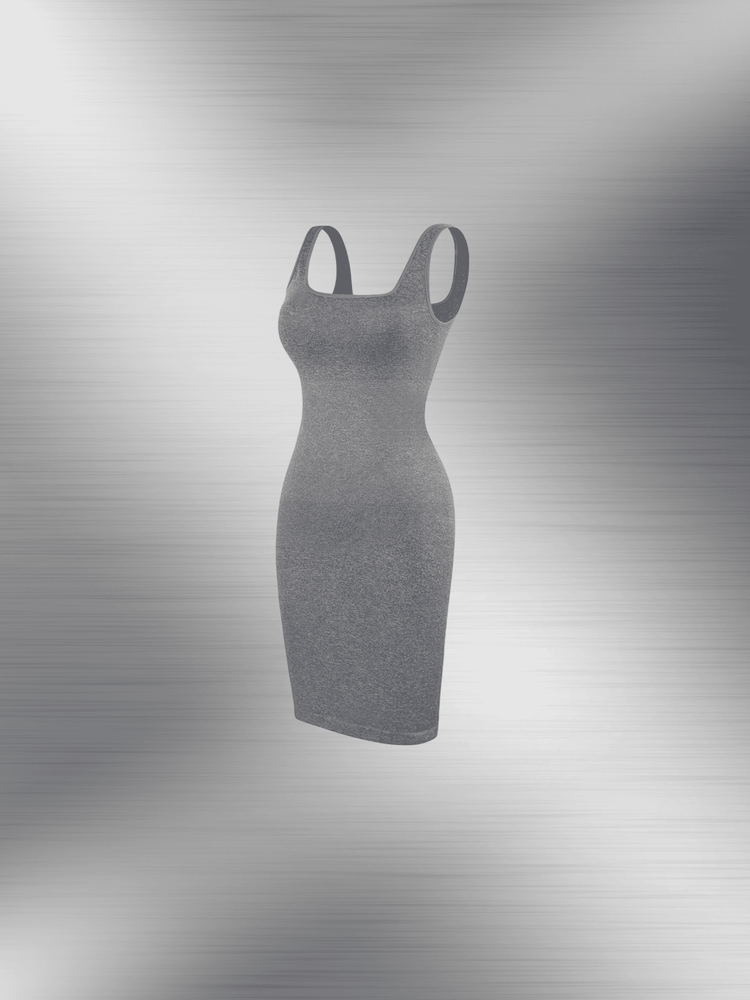 square neck bodycon mini dress in gray ribbed fabric with sleeveless fitted silhouette and clean square neckline