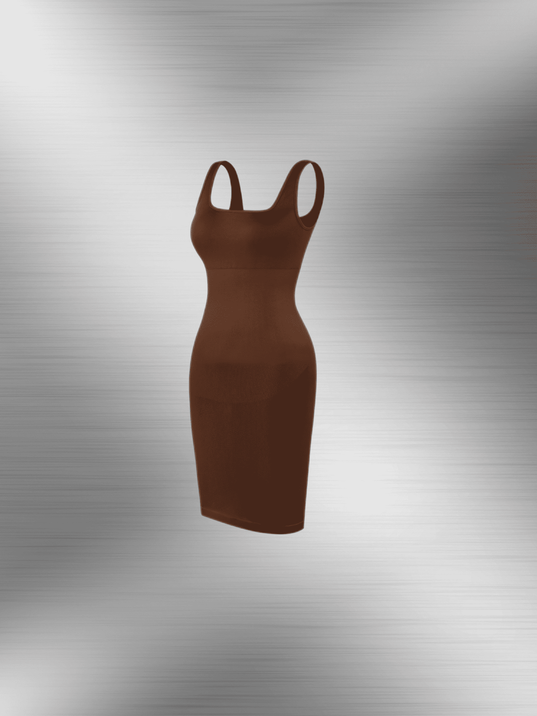 square neck bodycon mini dress in brown ribbed fabric with slim fit, scoop straps, and flattering body-hugging silhouette