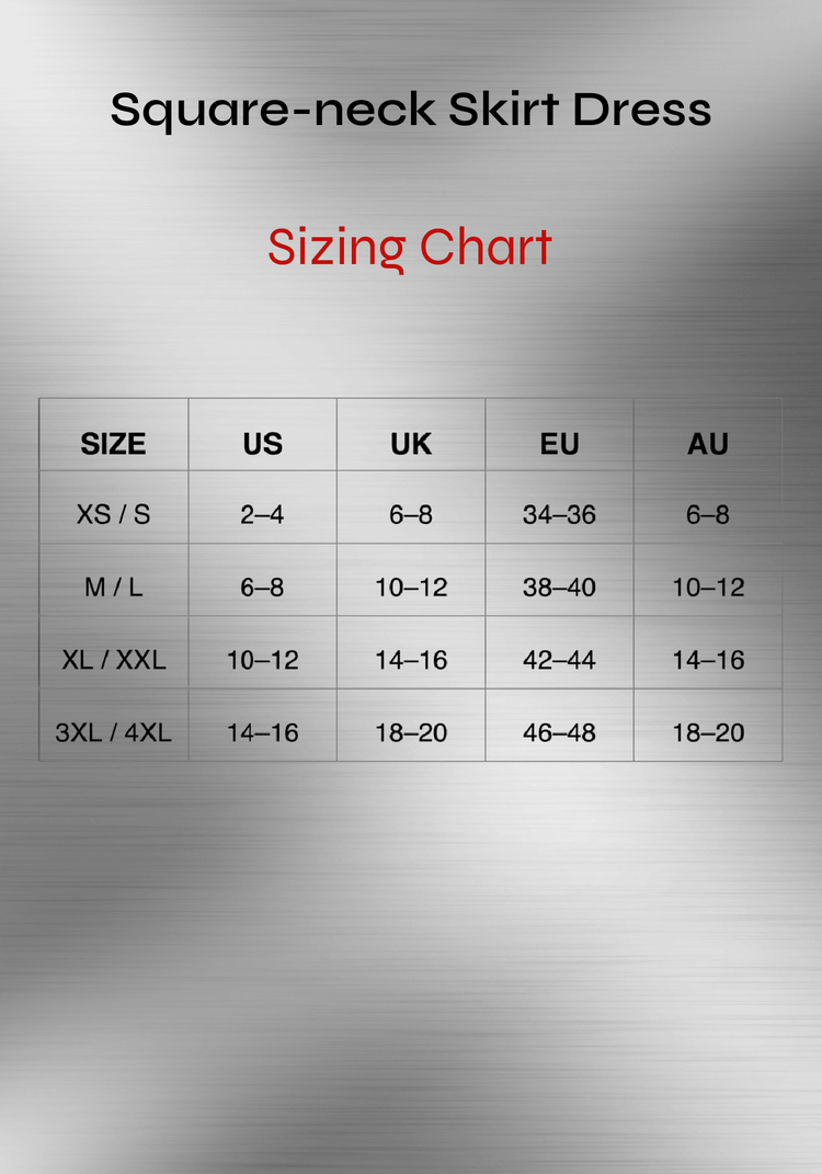 square neck bodycon mini dress sizing chart with US, UK, EU, and AU size guide