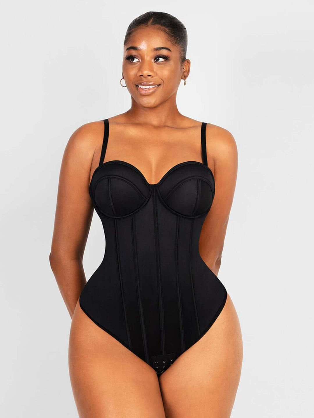 strapless cupped bodysuit black shapewear body shaper with built-in cups and slim fit silhouette