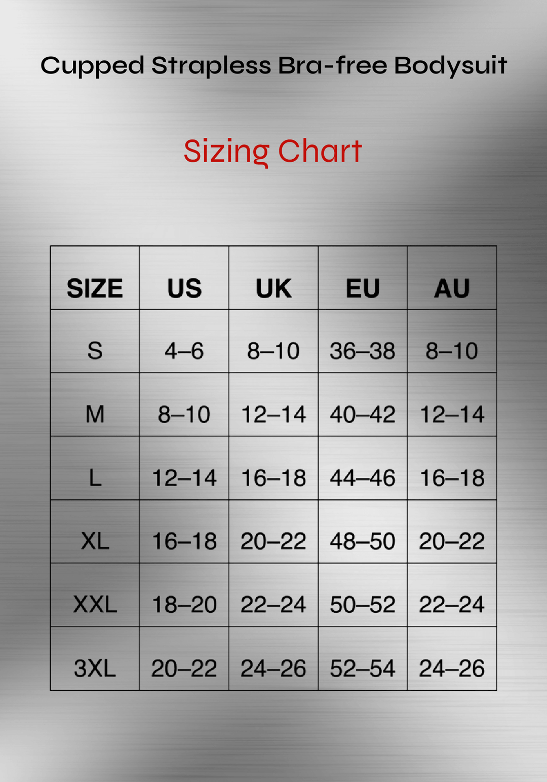 strapless cupped bodysuit size chart for cupped strapless bra-free bodysuit with US UK EU AU sizing