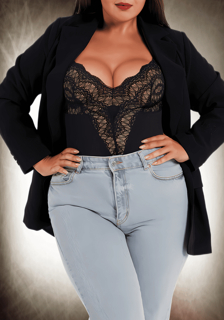 Plus-size lace bodysuit with black blazer and light jeans, featuring low-back styling and slimming lace front panels