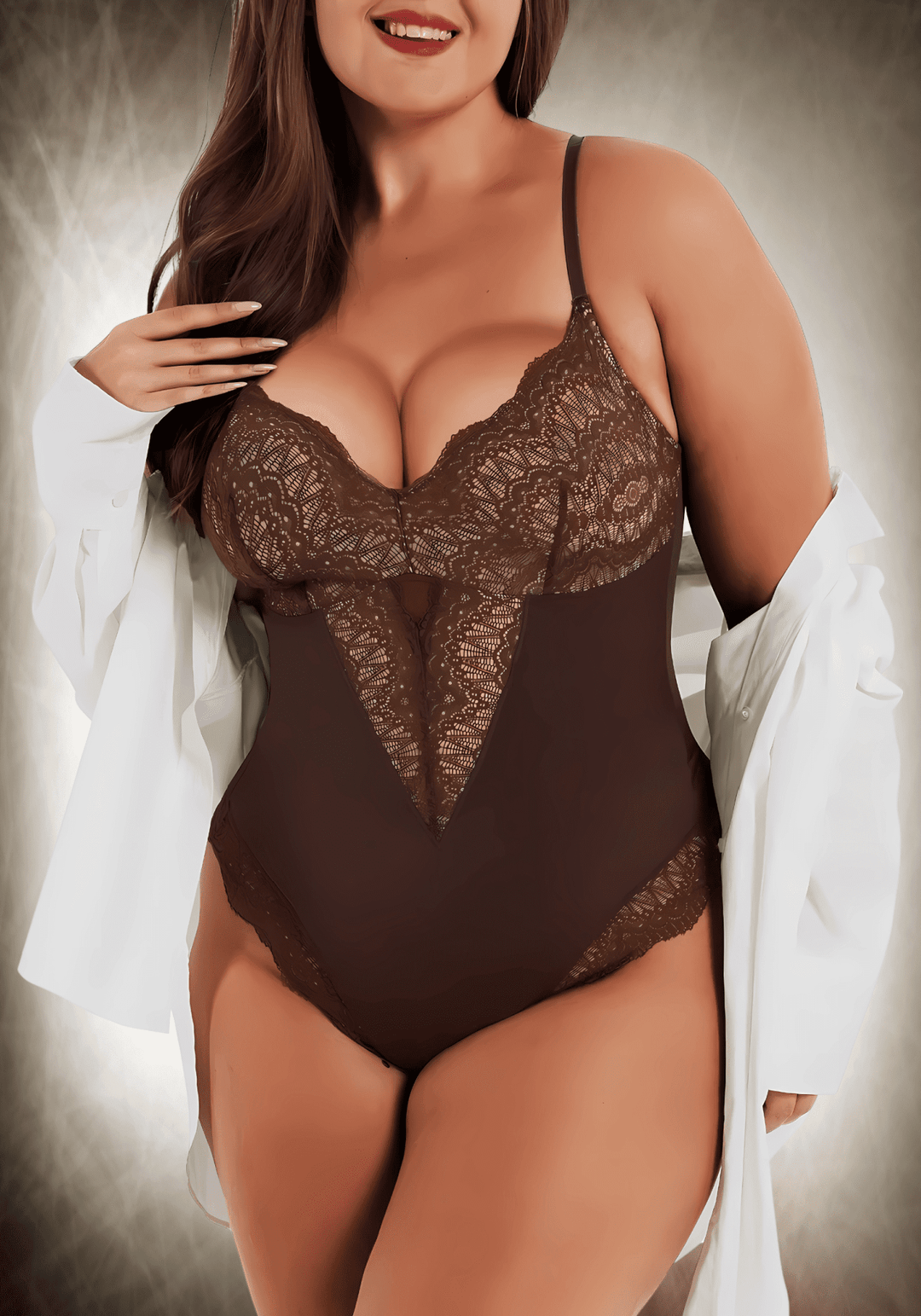lace bodysuit with front lace panel, low-back style, and slimming fit for a sleek, sexy look