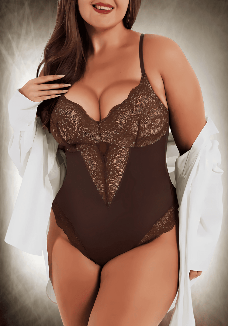 lace bodysuit with front lace panel, low-back style, and slimming fit for a sleek, sexy look