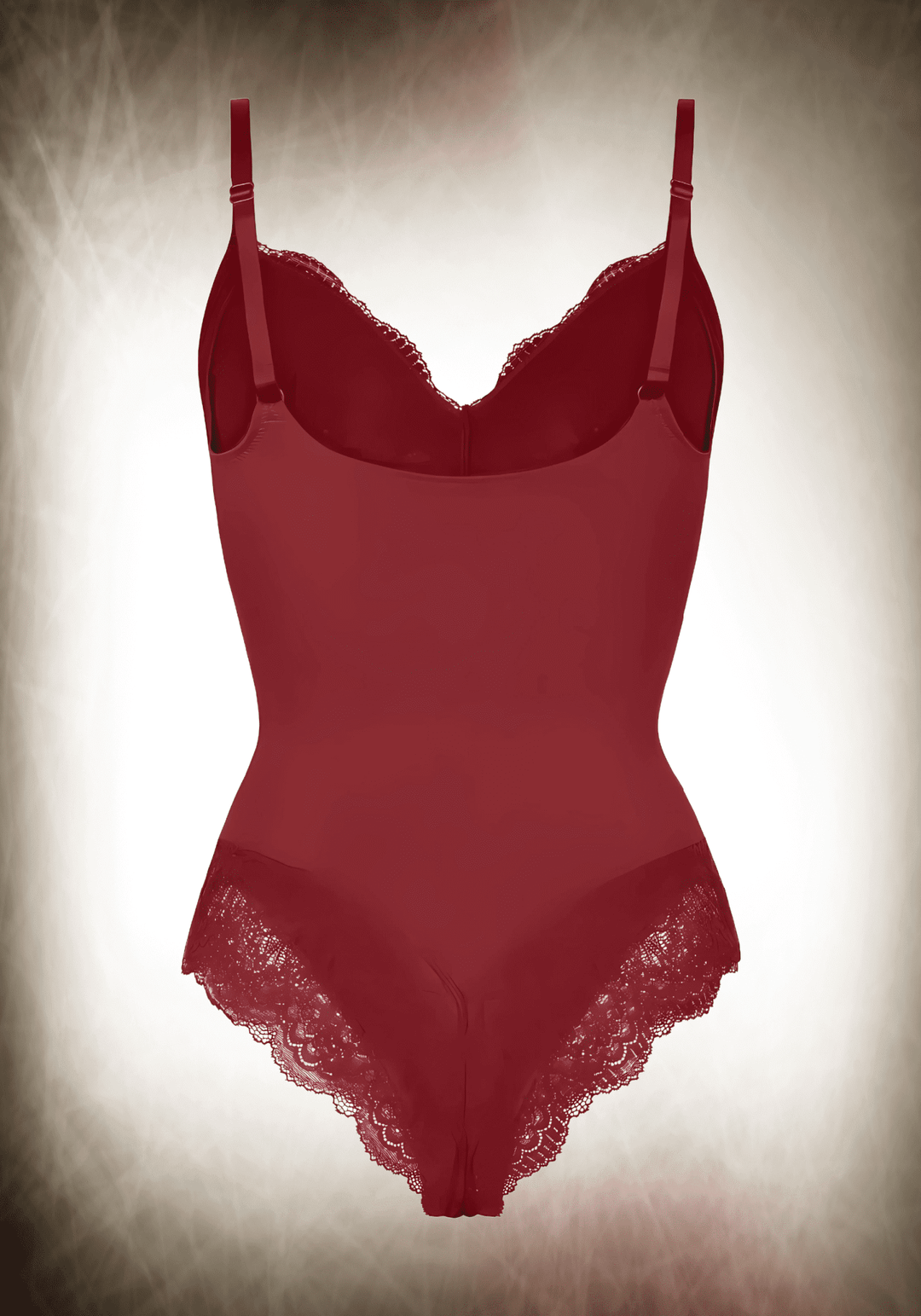 Red lace bodysuit with lace paneling, low-back style, and slimming fit for a sleek, sexy silhouette