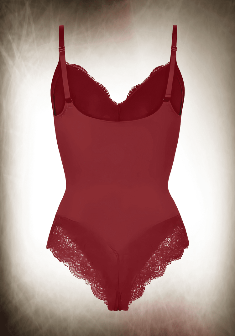 Red lace bodysuit with lace paneling, low-back style, and slimming fit for a sleek, sexy silhouette