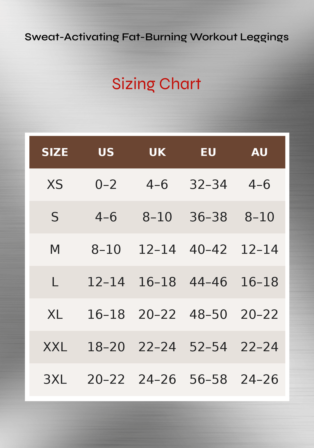 neoprene workout leggings sizing chart for XS to 3XL with US, UK, EU, and AU size conversions
