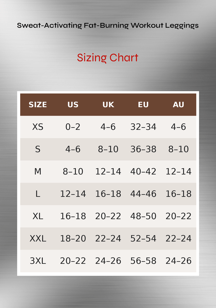 neoprene workout leggings sizing chart for XS to 3XL with US, UK, EU, and AU size conversions