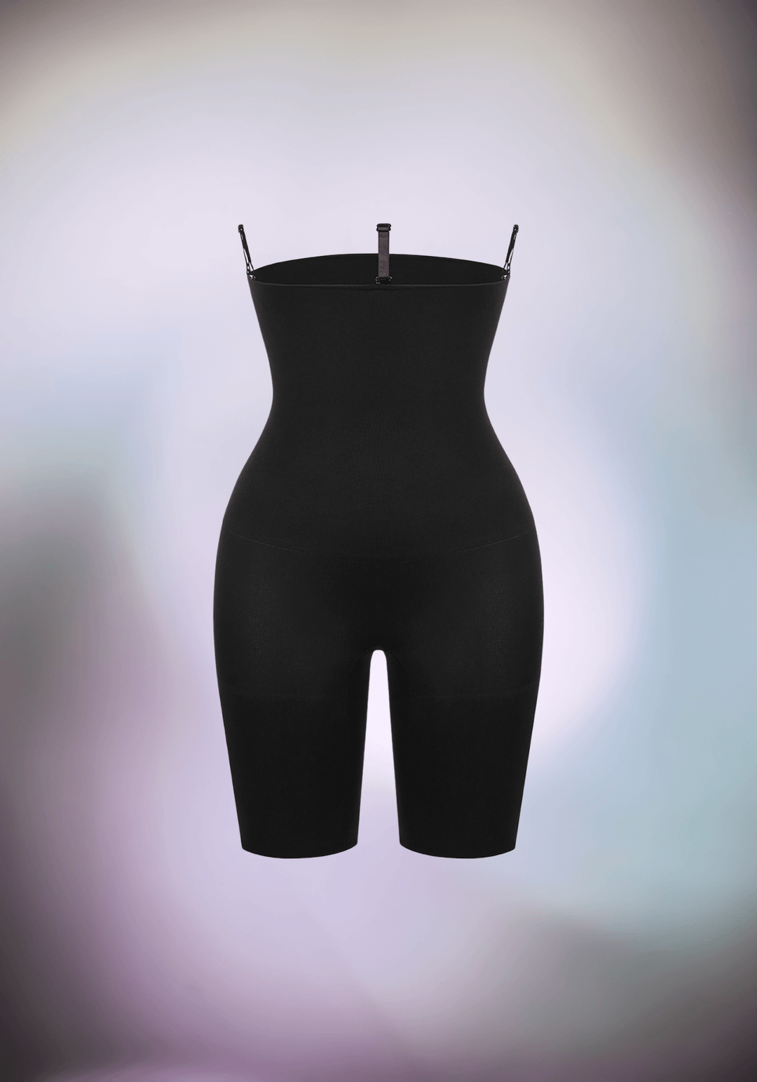 Black mid-thigh body shaper with three clips for tummy control, waist shaping, and lifted support
