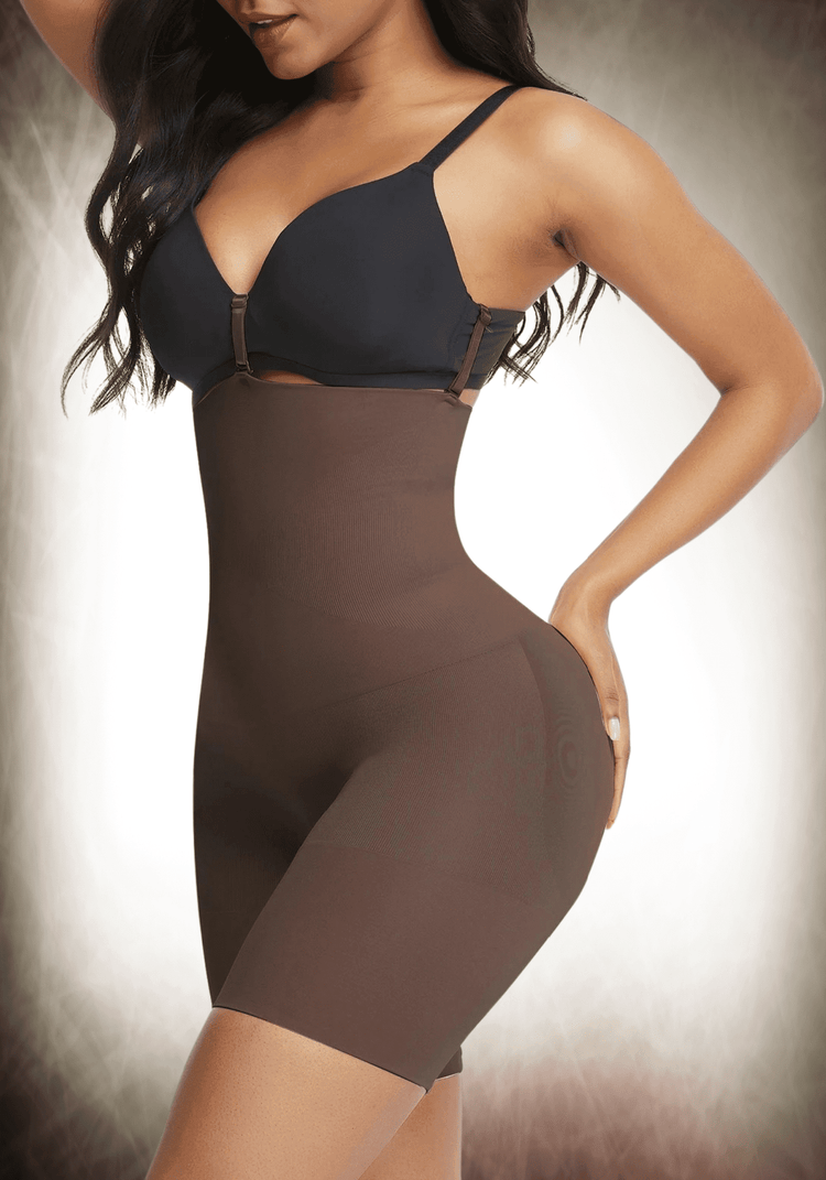 mid-thigh body shaper for tummy control, waist slimming, and lifted back thigh support with medium compression