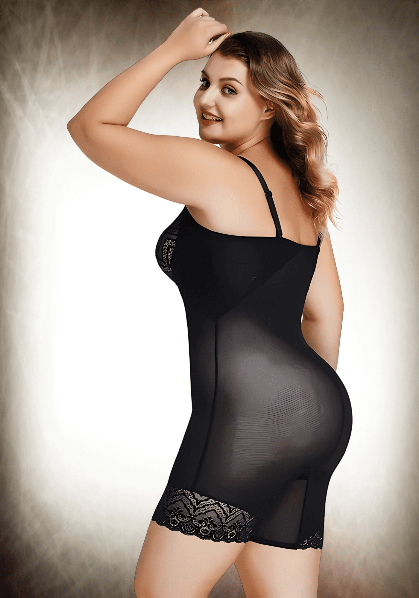 tummy control body shaper black strapless bodysuit with adjustable straps, mesh tummy panel, and lace hem for slimming support