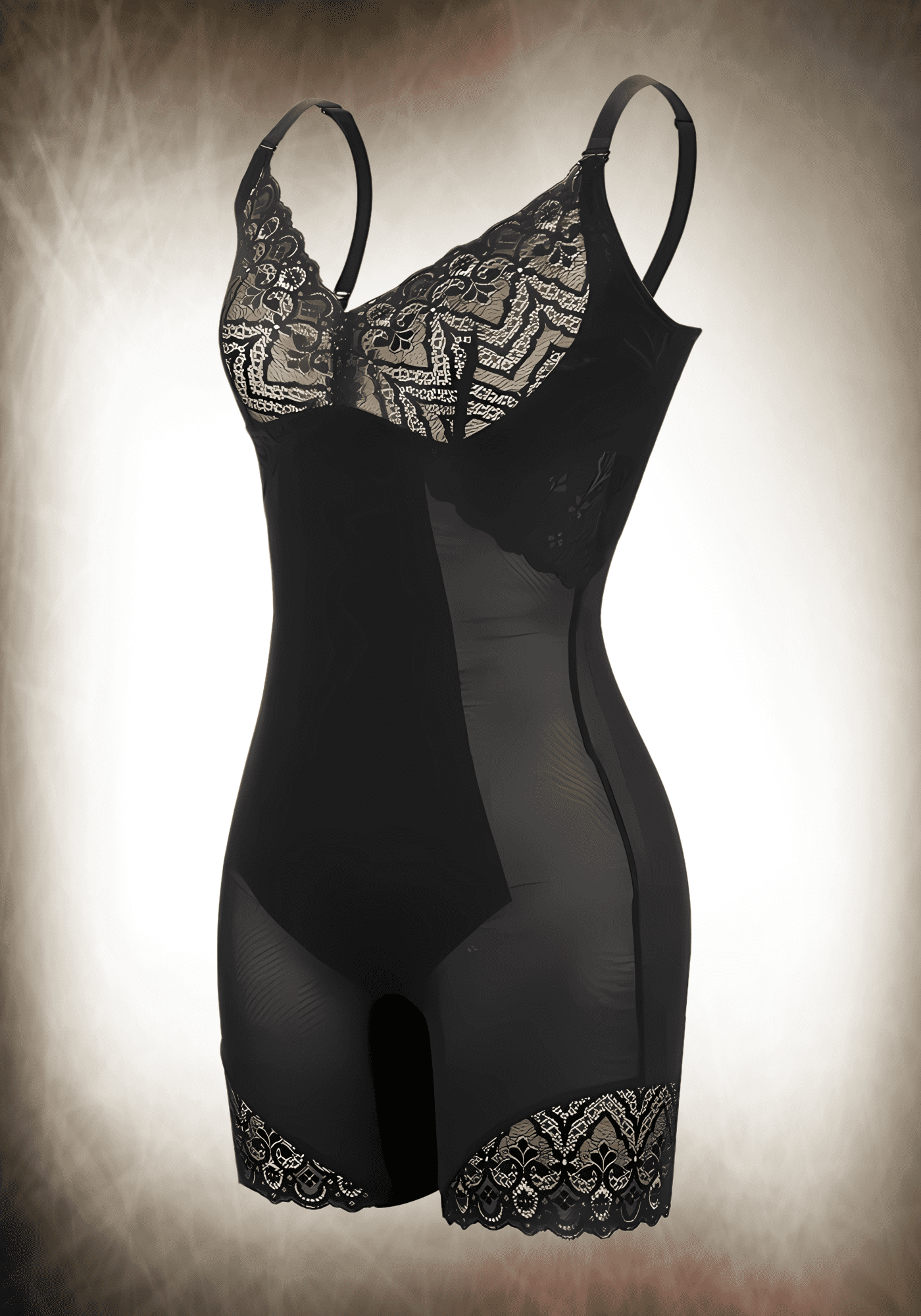 Tummy control body shaper with removable straps, lace detail, and mesh panel for smoothing and versatile wear