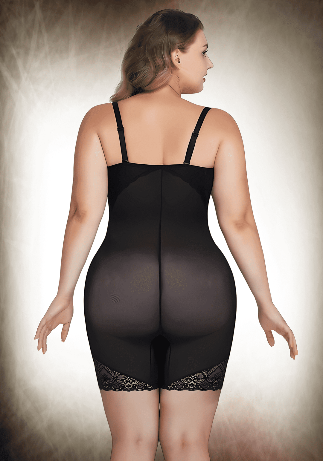 tummy control body shaper black strapless bodysuit with removable straps, mesh tummy control panel, lace trim back view