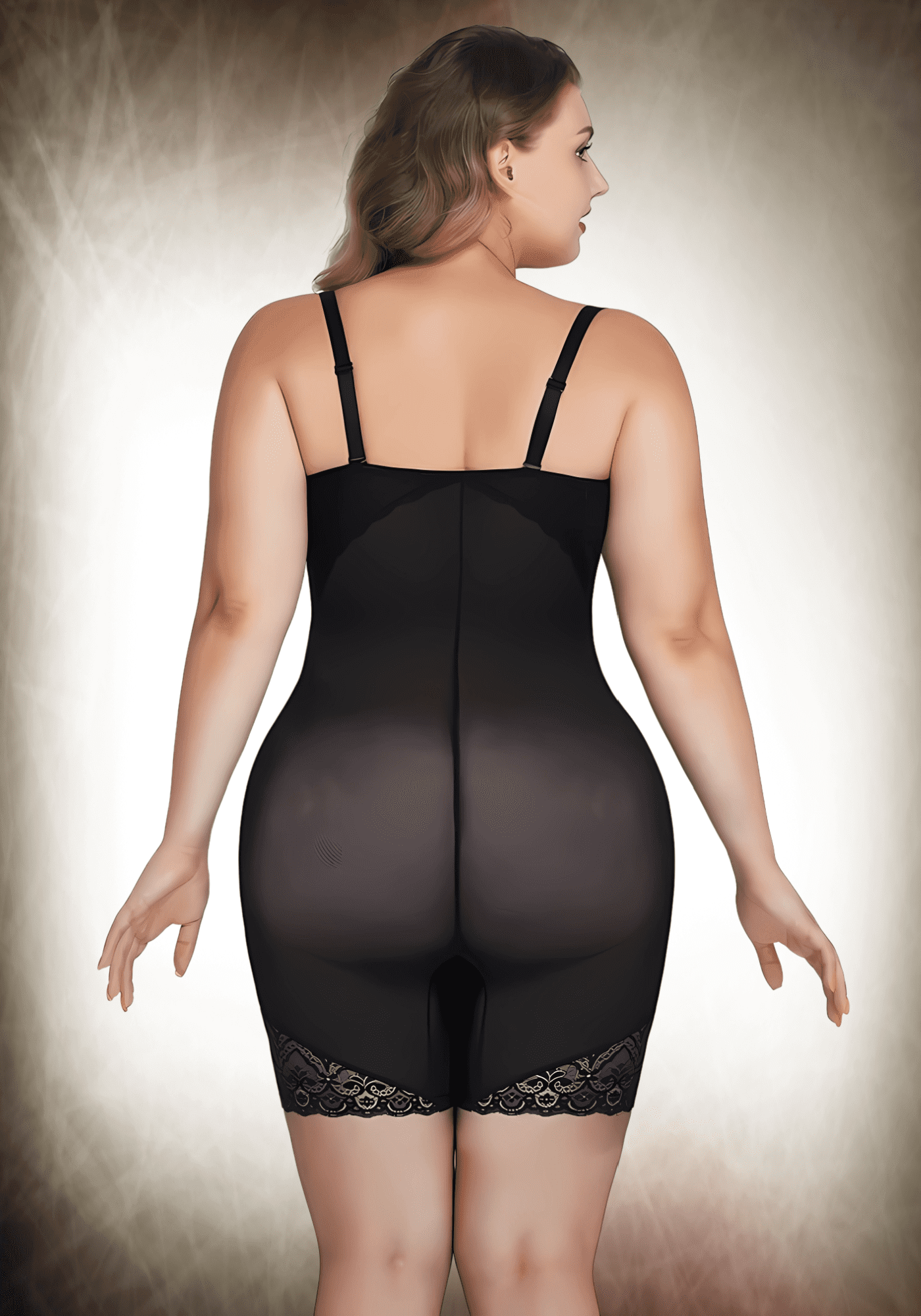 tummy control body shaper black strapless bodysuit with removable straps, mesh tummy control panel, lace trim back view