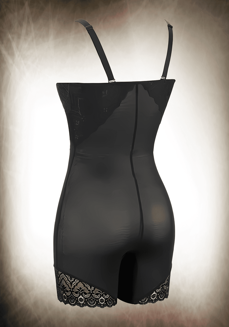 tummy control body shaper black strapless bodysuit with removable straps and lace trim
