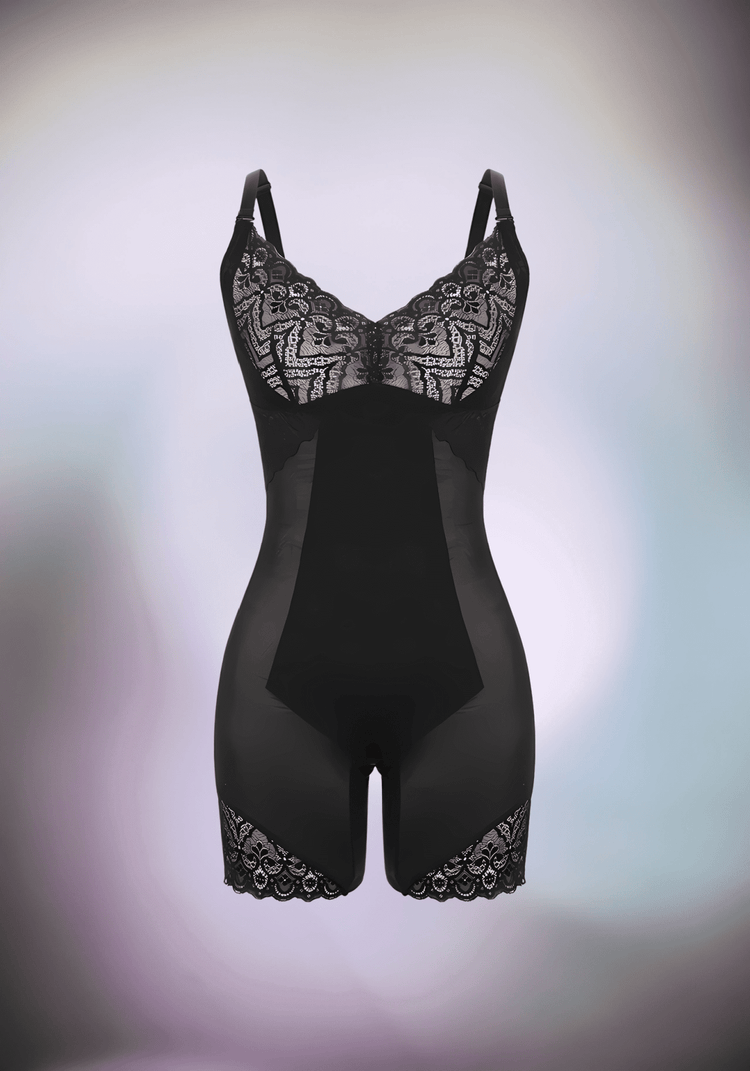 tummy control body shaper black lace bodysuit with removable straps and mesh tummy panel for smoothing support