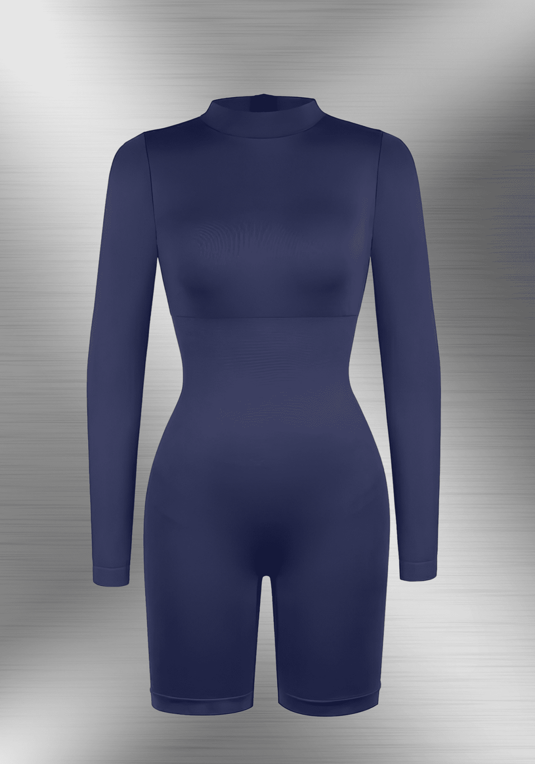 tummy control bust support jumpsuit navy long sleeve seamless bodycon romper with high collar and sculpting fit