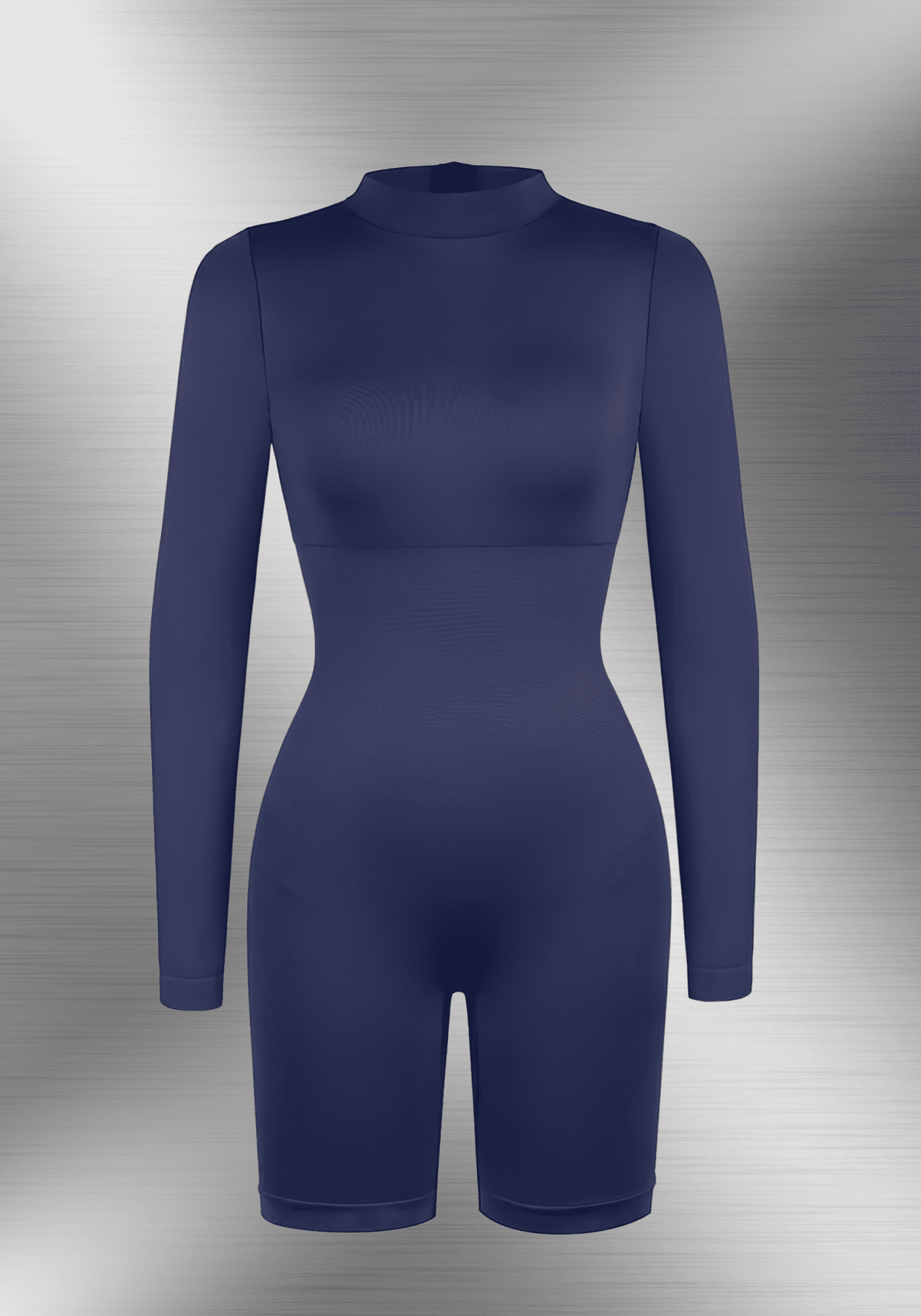 tummy control bust support jumpsuit navy long sleeve seamless bodycon romper with high collar and sculpting fit