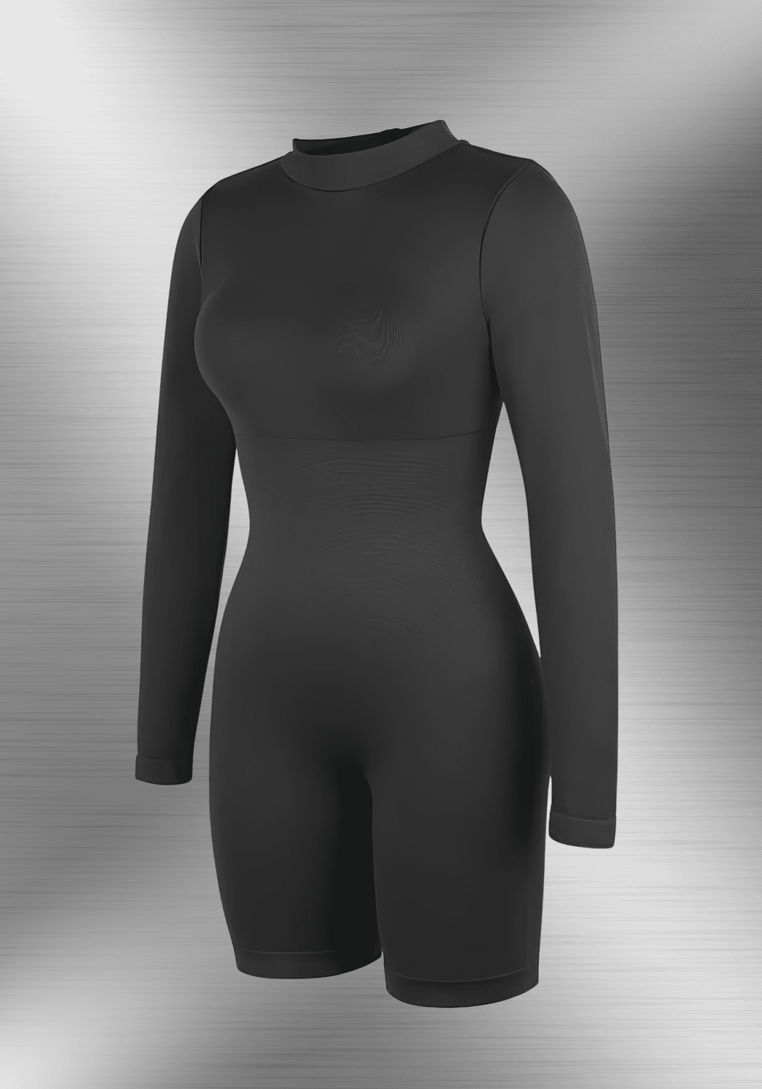 tummy control bust support jumpsuit black long sleeve seamless body-hugging shaping romper with high collar