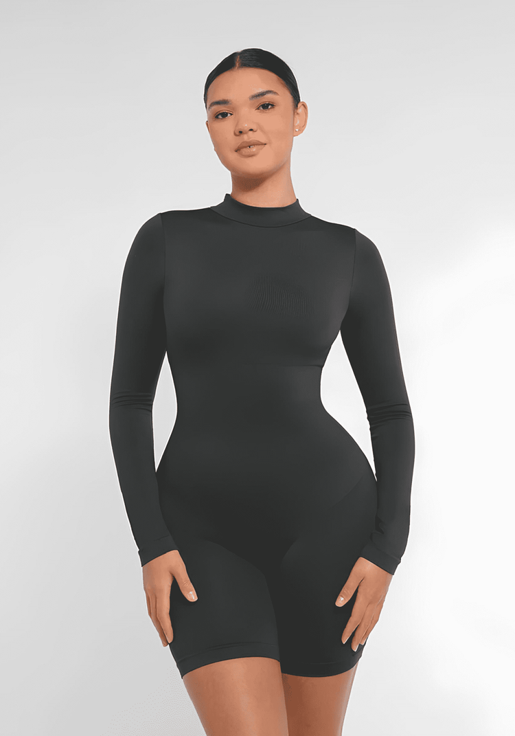 tummy control bust support jumpsuit with semi-high collar, seamless fit, and body-hugging shaping