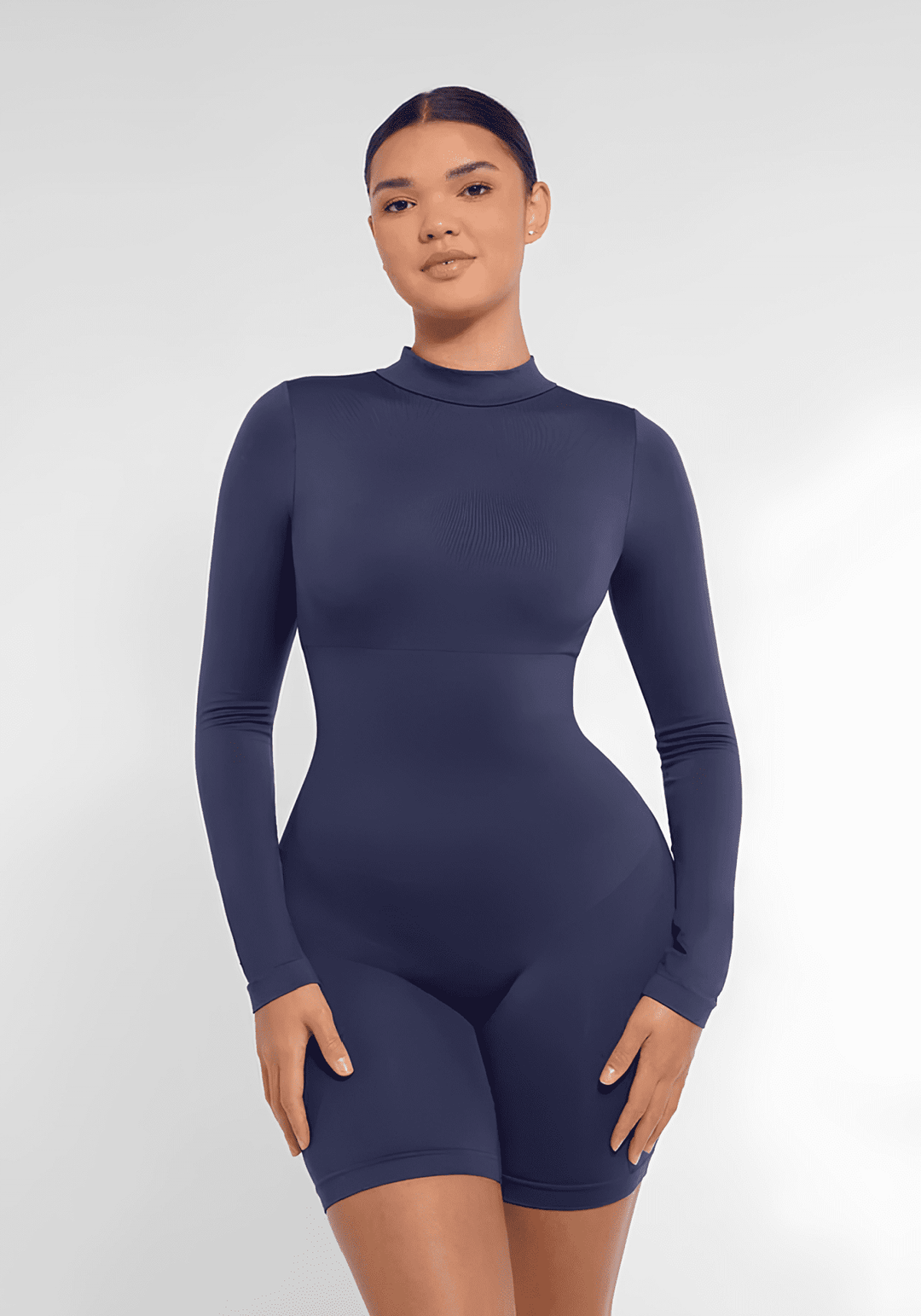 tummy control bust support jumpsuit with semi-high collar, double-layer chest, and sleek body-hugging fit