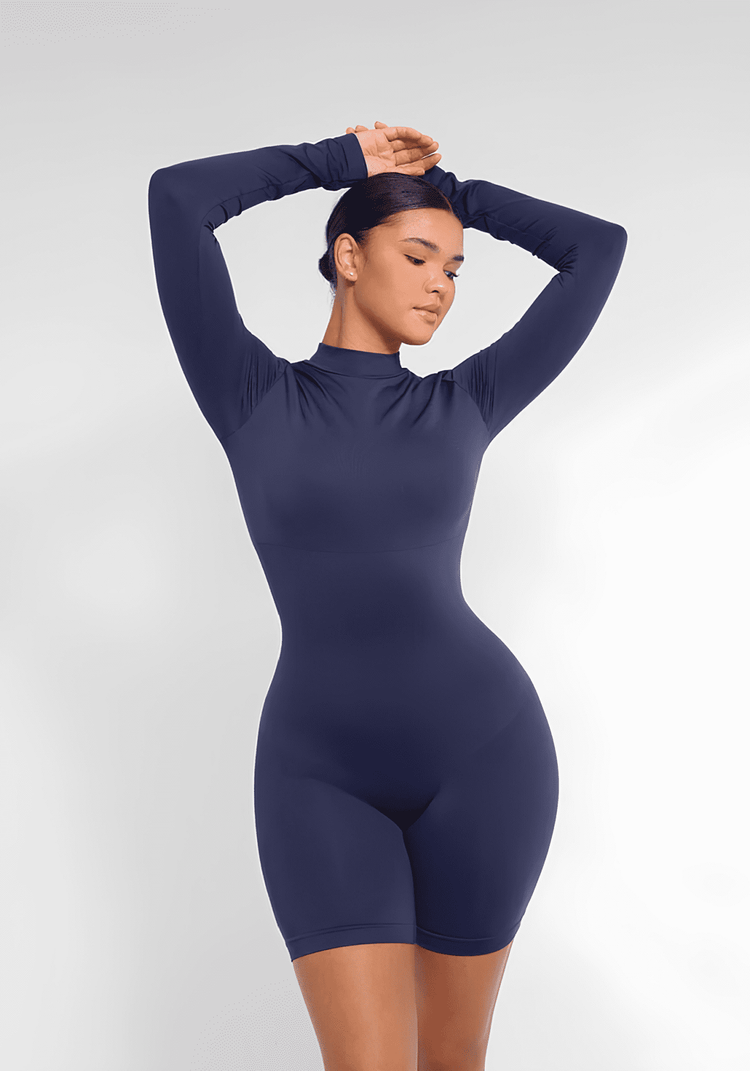 tummy control bust support jumpsuit with semi-high collar, removable pads, and seamless body-hugging fit