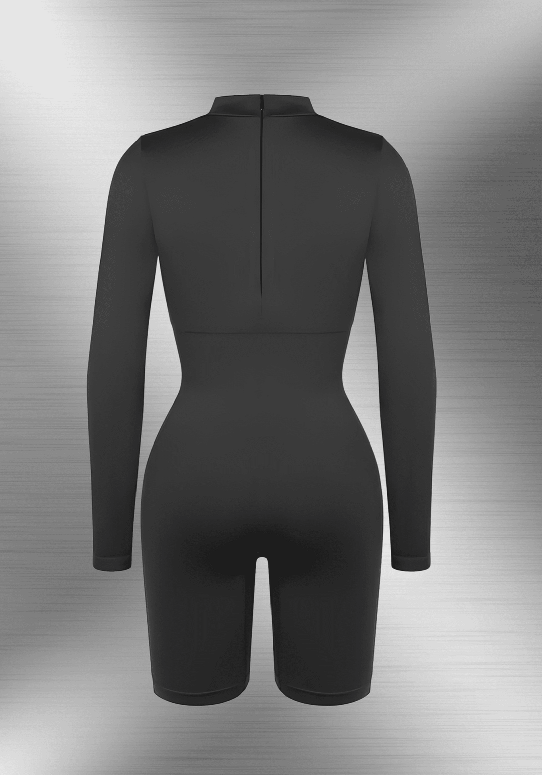tummy control bust support jumpsuit black long sleeve back view with semi-high collar and smooth shaping fit