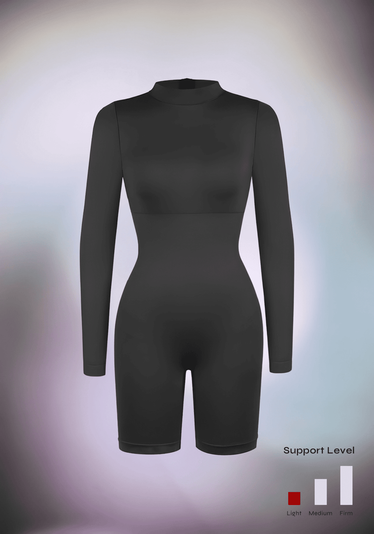 tummy control bust support jumpsuit black long sleeve seamless bodysuit with high collar and shaping fit