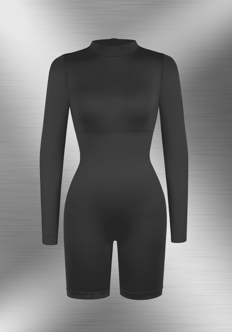tummy control bust support jumpsuit black long sleeve seamless shapewear with high collar and body-hugging fit