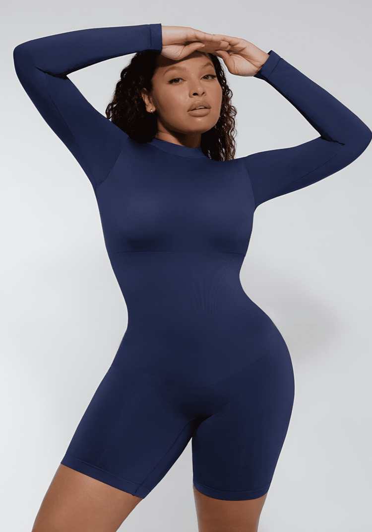 tummy control bust support jumpsuit, navy seamless body-hugging shapewear with long sleeves and sleek fit