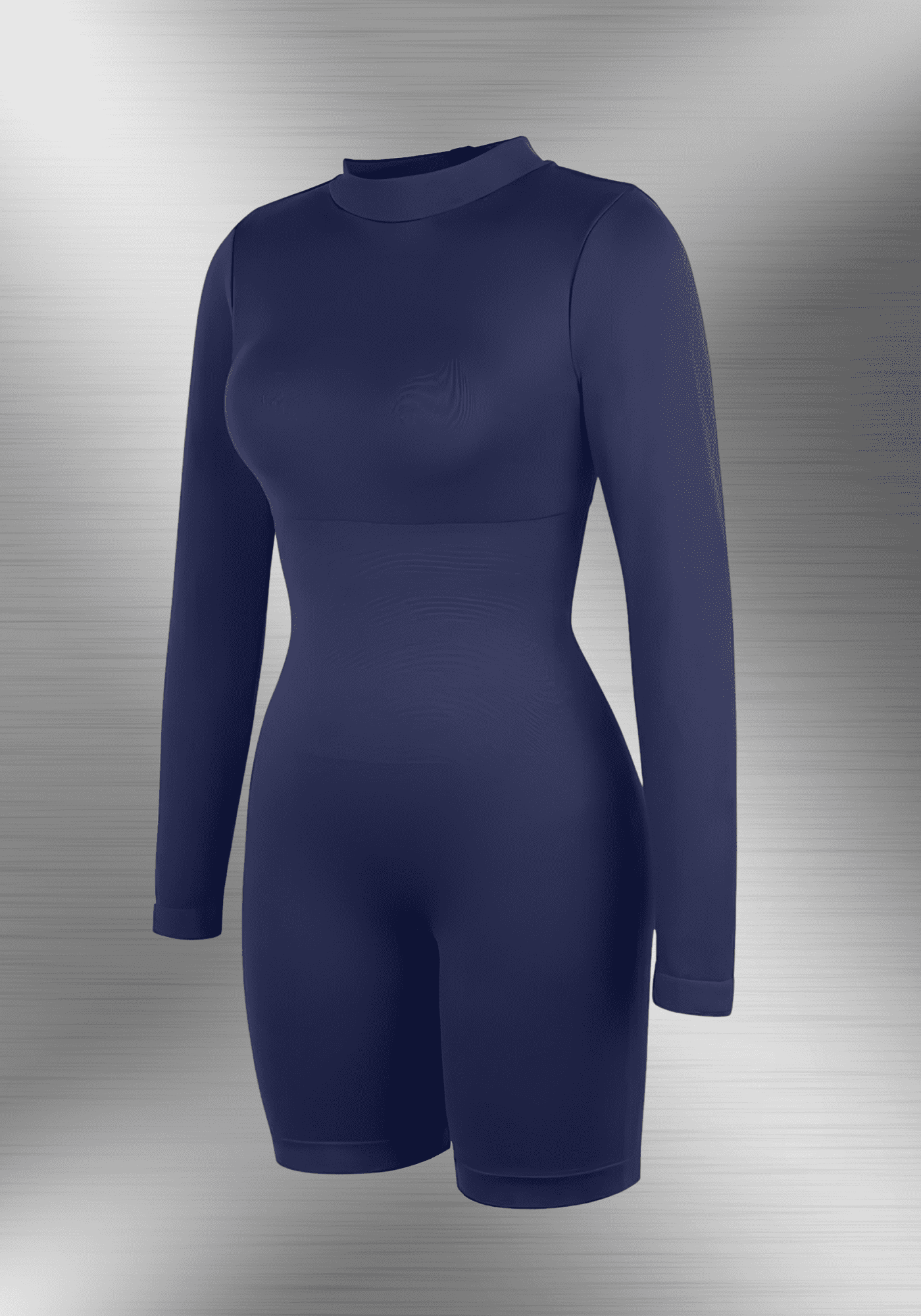 tummy control bust support jumpsuit with high collar, long sleeves, and body-hugging shaping fit