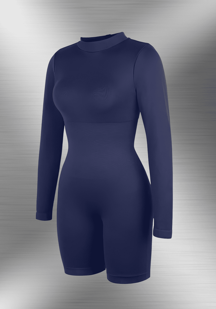 tummy control bust support jumpsuit with high collar, long sleeves, and body-hugging shaping fit