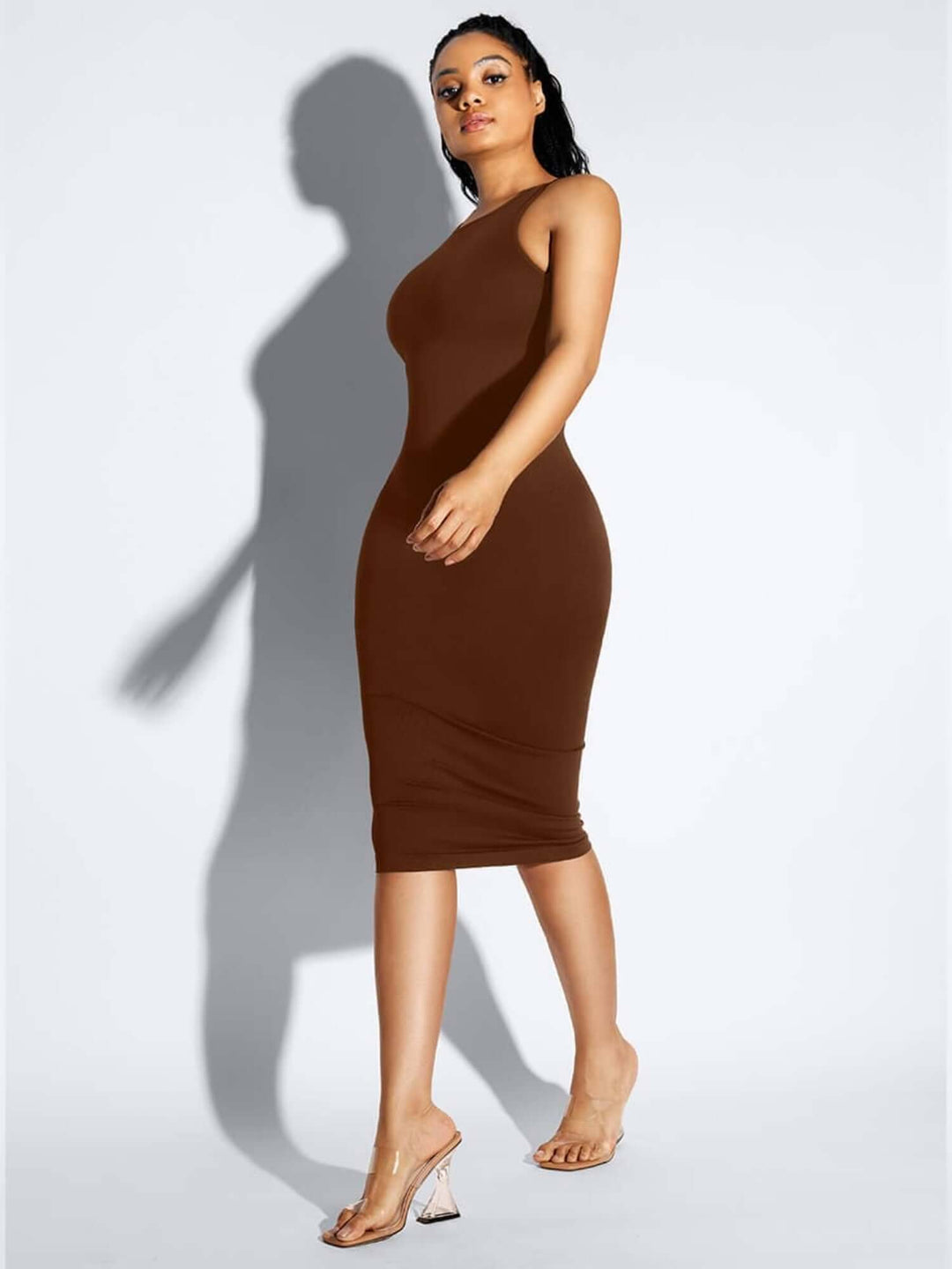 u-back shapewear dress in brown, body-hugging midi silhouette with light tummy control for a smooth, flattering fit